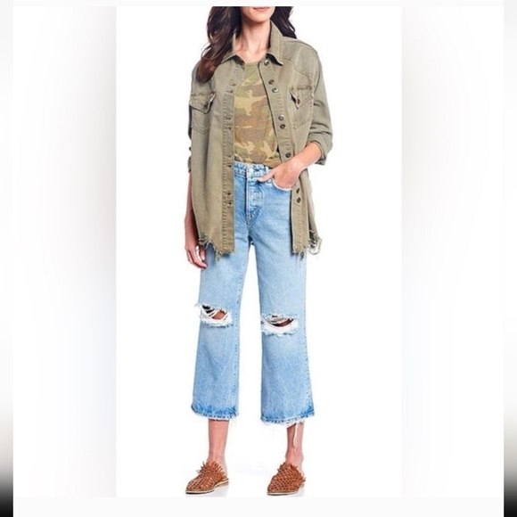 Free People Moonchild army green distressed utility denim shirt jacket Women L - Picture 1 of 8